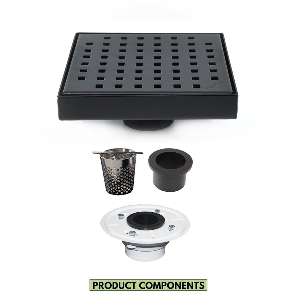 6 Inch Black Shower Drain with Hair Trap and Base Flange – Traditional Square Design