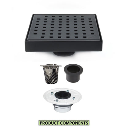 6 Inch Black Shower Drain with Hair Trap and Base Flange – Traditional Square Design