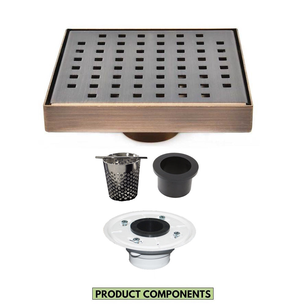 6 Inch Bronze Shower Drain Kit with Hair Trap and Base Flange – Traditional Square Design