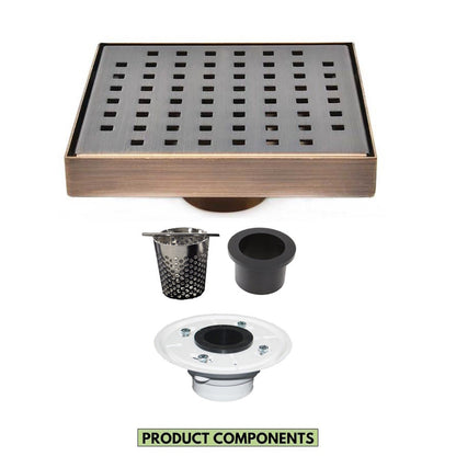 6 Inch Bronze Shower Drain Kit with Hair Trap and Base Flange – Traditional Square Design