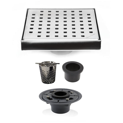 6 Inch Floor Drain with Hair Trap and Drain Flange – Brushed Traditional Square Design