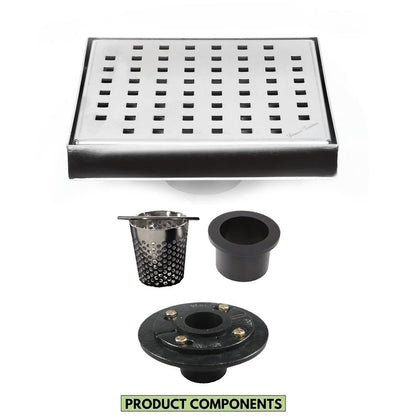 Chrome 6 Inch Floor Drain with Hair Trap and Base Flange – Traditional Square Design