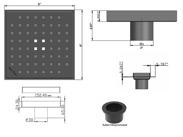 6 Inch Black Shower Drain with Hair Trap and Base Flange – Traditional Square Design