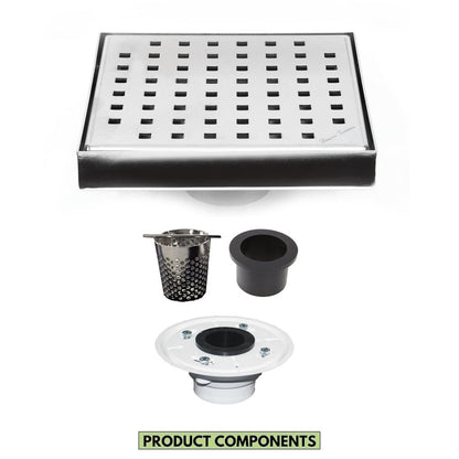 Chrome 6 Inch Floor Drain with Hair Trap and Base Flange – Traditional Square Design