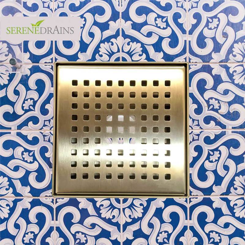 6 Inch Shower Drain Square Gold with Hair Trap and Base Flange – Traditional Square Design