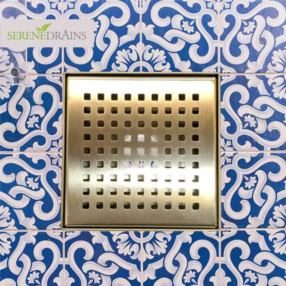 6 Inch Shower Drain Square Gold with Hair Trap and Base Flange – Traditional Square Design