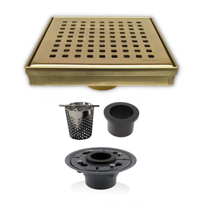 6 Inch Shower Drain Square Gold with Hair Trap and Base Flange – Traditional Square Design