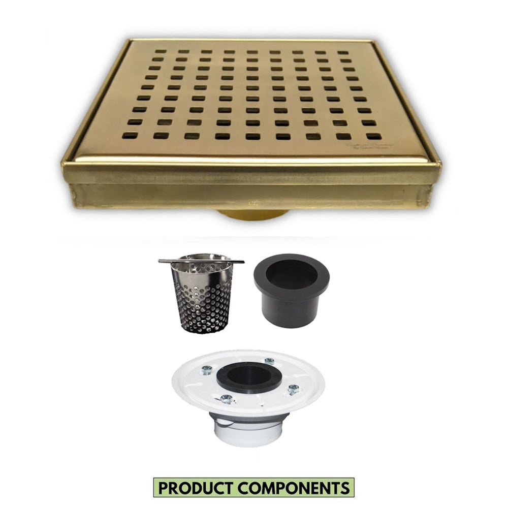 6 Inch Shower Drain Square Gold with Hair Trap and Base Flange – Traditional Square Design