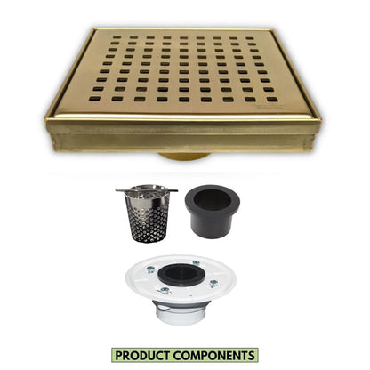 6 Inch Shower Drain Square Gold with Hair Trap and Base Flange – Traditional Square Design