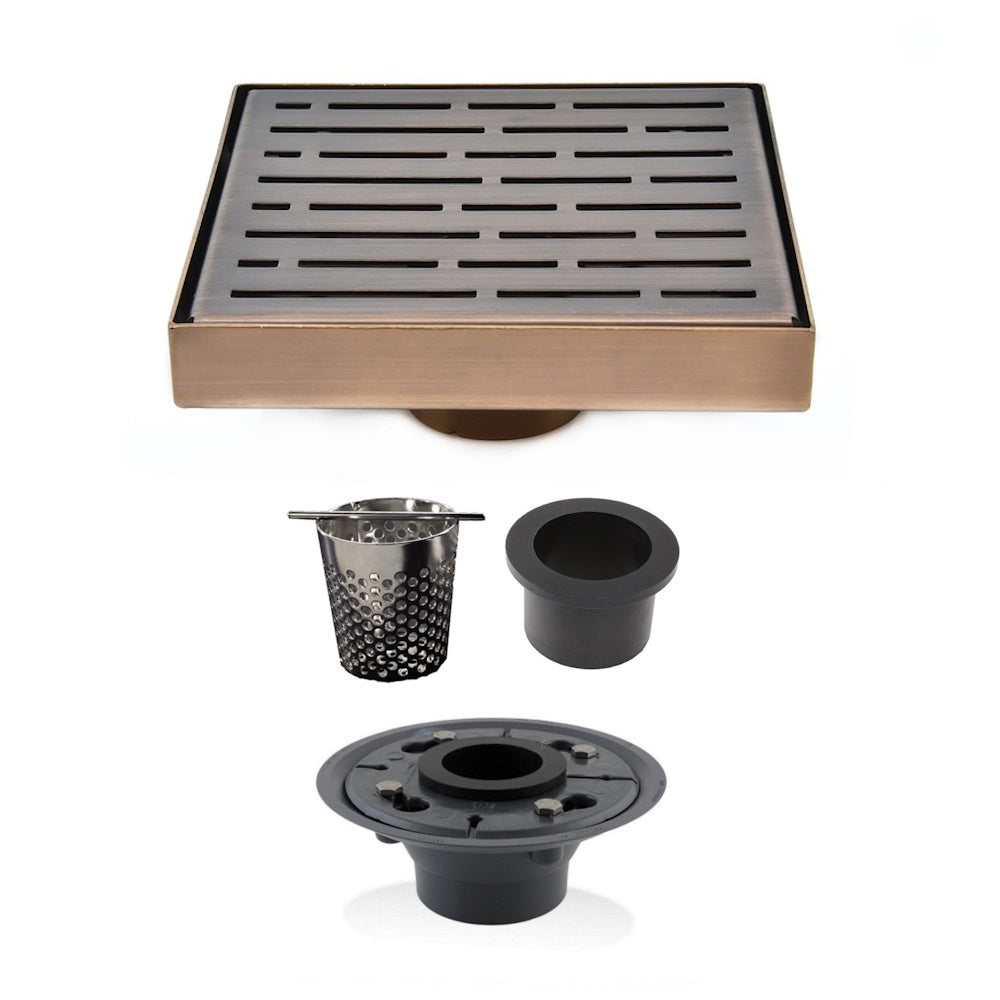 6 Inch Bronze Square Drain Cover Kit with Hair Trap and Base Flange - Broken Lane Design