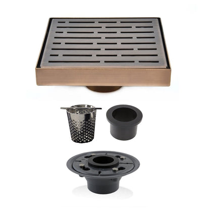 6 Inch Bronze Square Drain Cover Kit with Hair Trap and Base Flange - Broken Lane Design