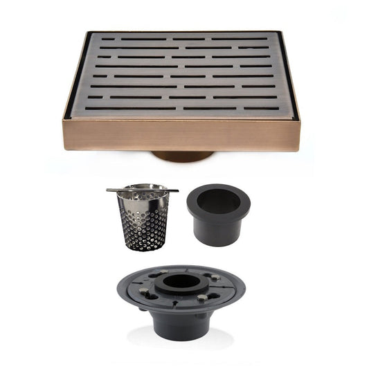6 Inch Bronze Square Drain Cover Kit with Hair Trap and Base Flange - Broken Lane Design