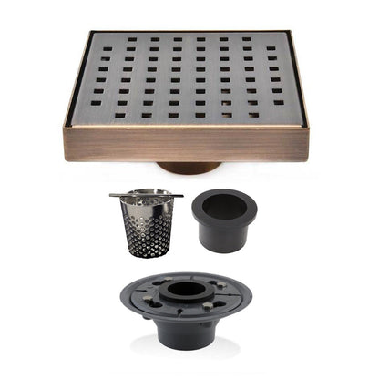 6 Inch Bronze Shower Drain Kit with Hair Trap and Base Flange – Traditional Square Design