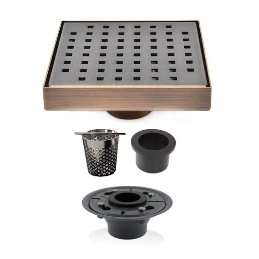 6 Inch Bronze Shower Drain Kit with Hair Trap and Base Flange – Traditional Square Design