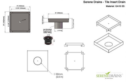 6 Inch Square Tileable Shower Drain with Hair Strainer and Drain Flange
