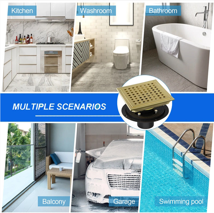 Gold Stainless Steel 4 Inch and 6 Inch Shower Drains, Square Grid Design