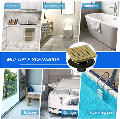 Gold Stainless Steel 4 Inch and 6 Inch Shower Drains, Square Grid Design