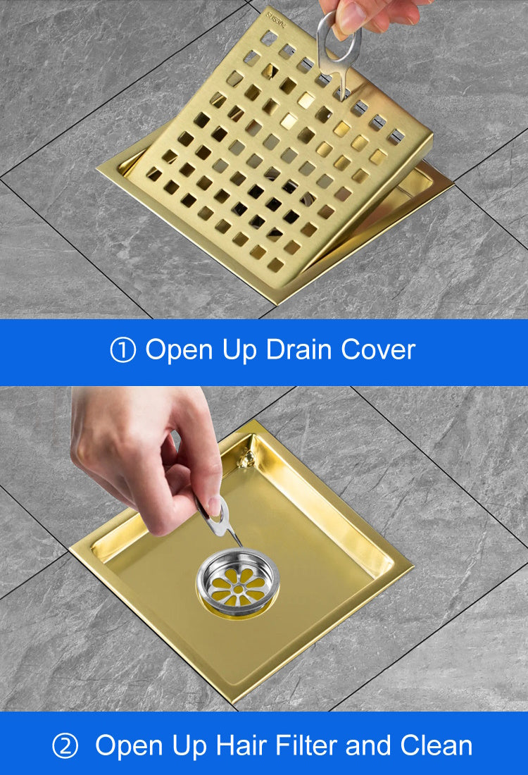 Gold Stainless Steel 4 Inch and 6 Inch Shower Drains, Square Grid Design