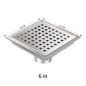 Silver Stainless Steel 4 Inch and 6 Inch Shower Drains, Square Grid Design