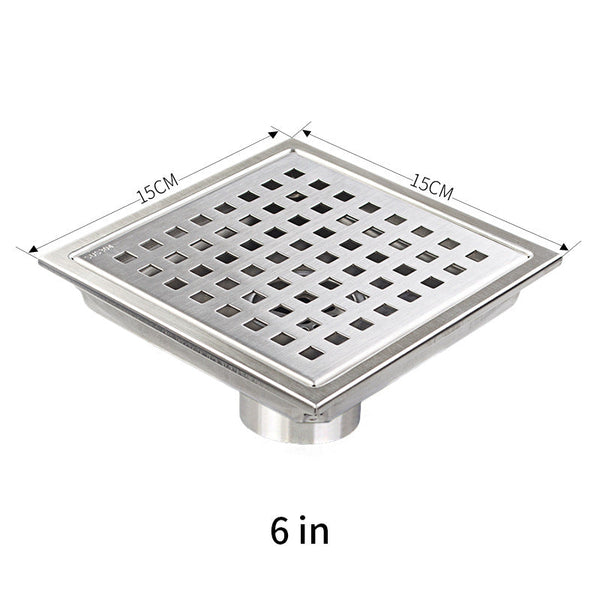 Silver Stainless Steel 4 Inch and 6 Inch Shower Drains, Square Grid Design