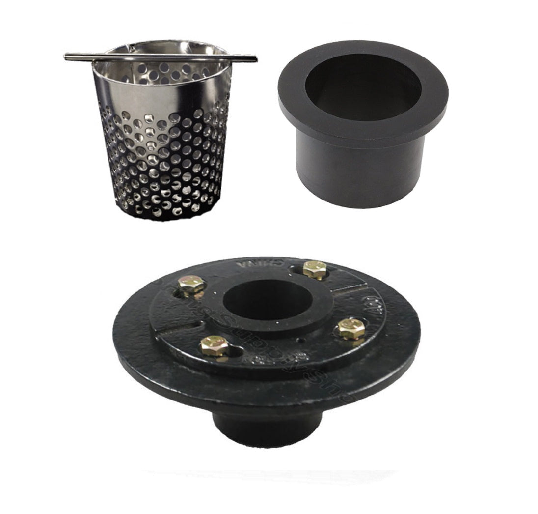 4 Inch Brushed Square Drain Kit with Hair Trap and Base Flange – Traditional Square Design