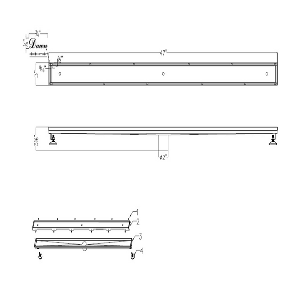 47 Inch Tile Insert Linear Drain with Adjustable Leveling Feet