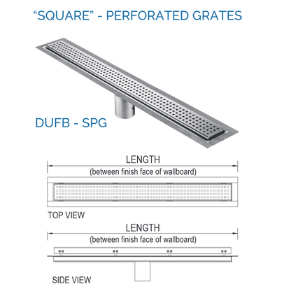 Linear Drain Square Design Brushed Stainless Steel, Drains Unlimited