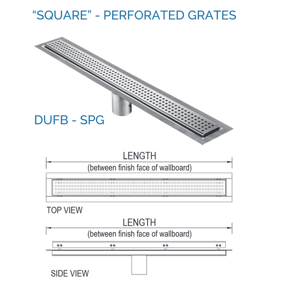 Linear Drain Square Design Brushed Stainless Steel, Drains Unlimited