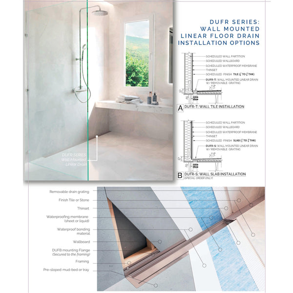 Flush Wall Linear Shower Drain, Brushed Square Design, Backwall Flange