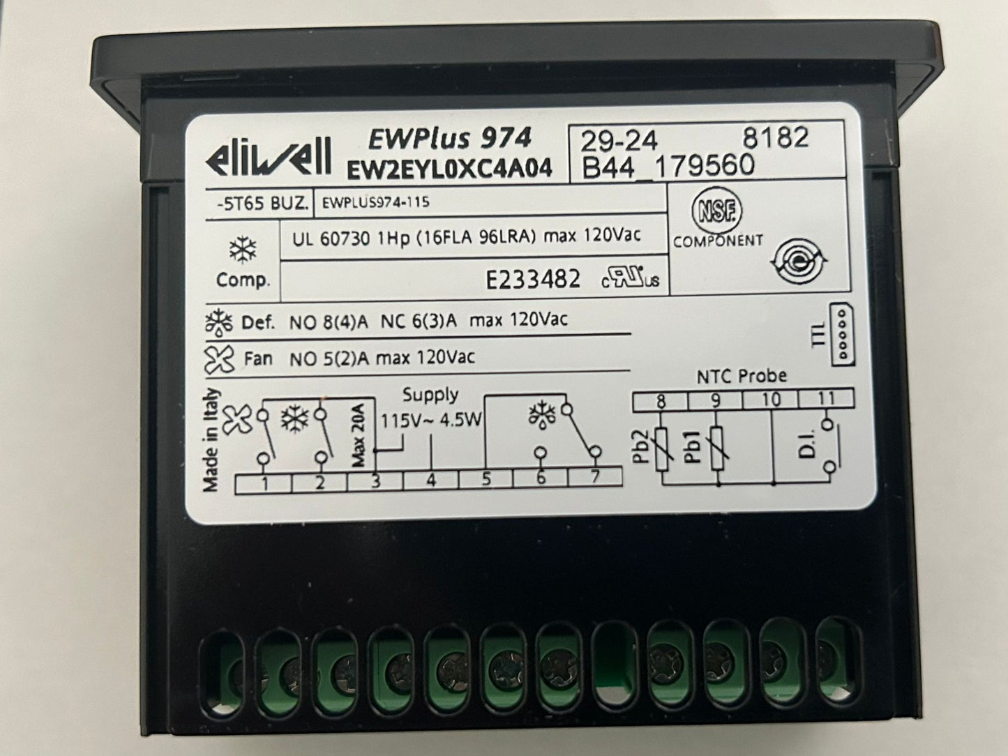 Eliwell EWPlus 974 Controller, 1HP, NTC Sensor, 120V, Digital Freezer Thermostat