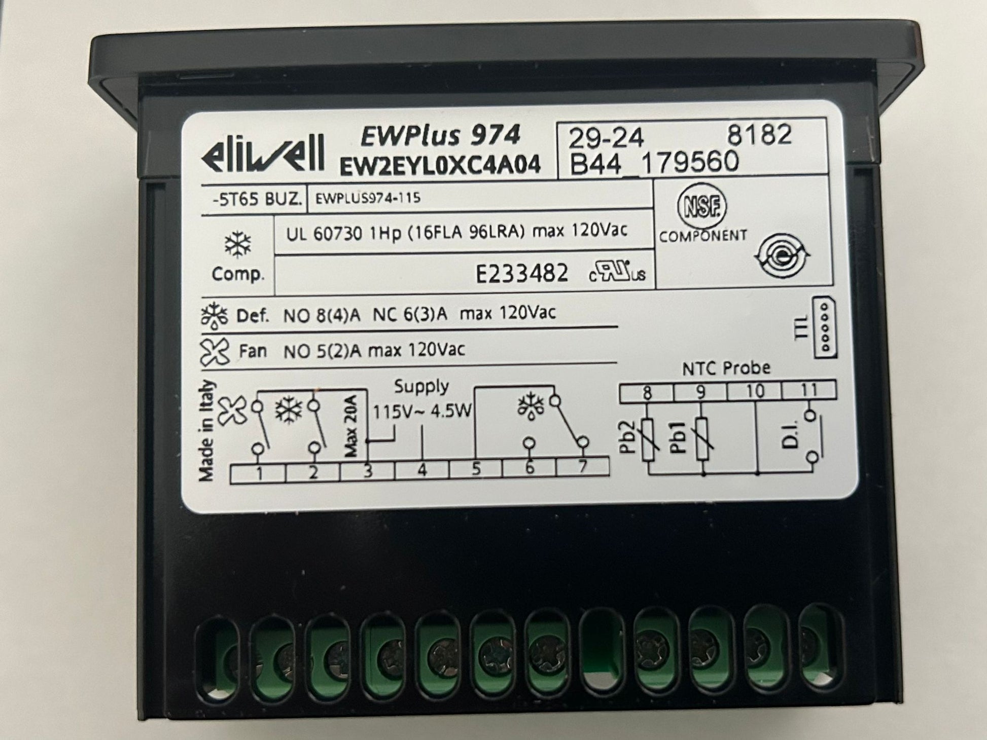 Eliwell EWPlus 974 Controller, 1HP, NTC Sensor, 120V, Digital Freezer Thermostat