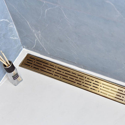 Gold Linear Shower Drain, Designer Linear Drain in Broken Lane Design