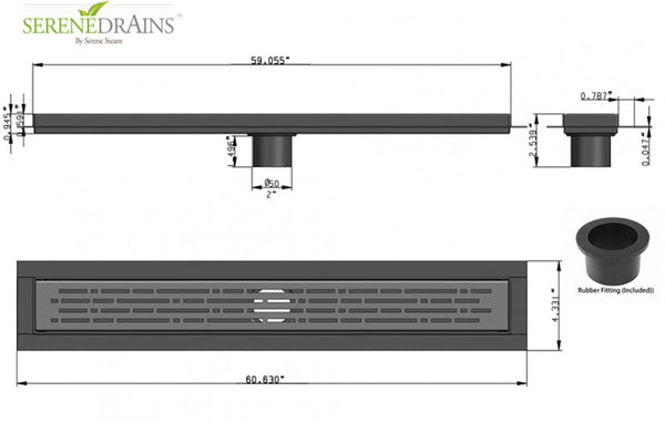 SereneDrains 60 Inch Linear Shower Drain Kit with 2 Inch Drain Flange, Hair Trap | 6 Grate Designs