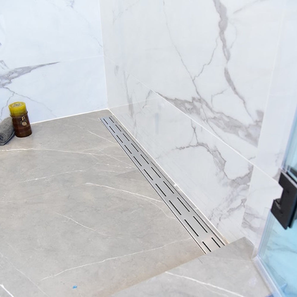 Long Shower Drain Brushed Nickel Parallel Design, SereneDrains