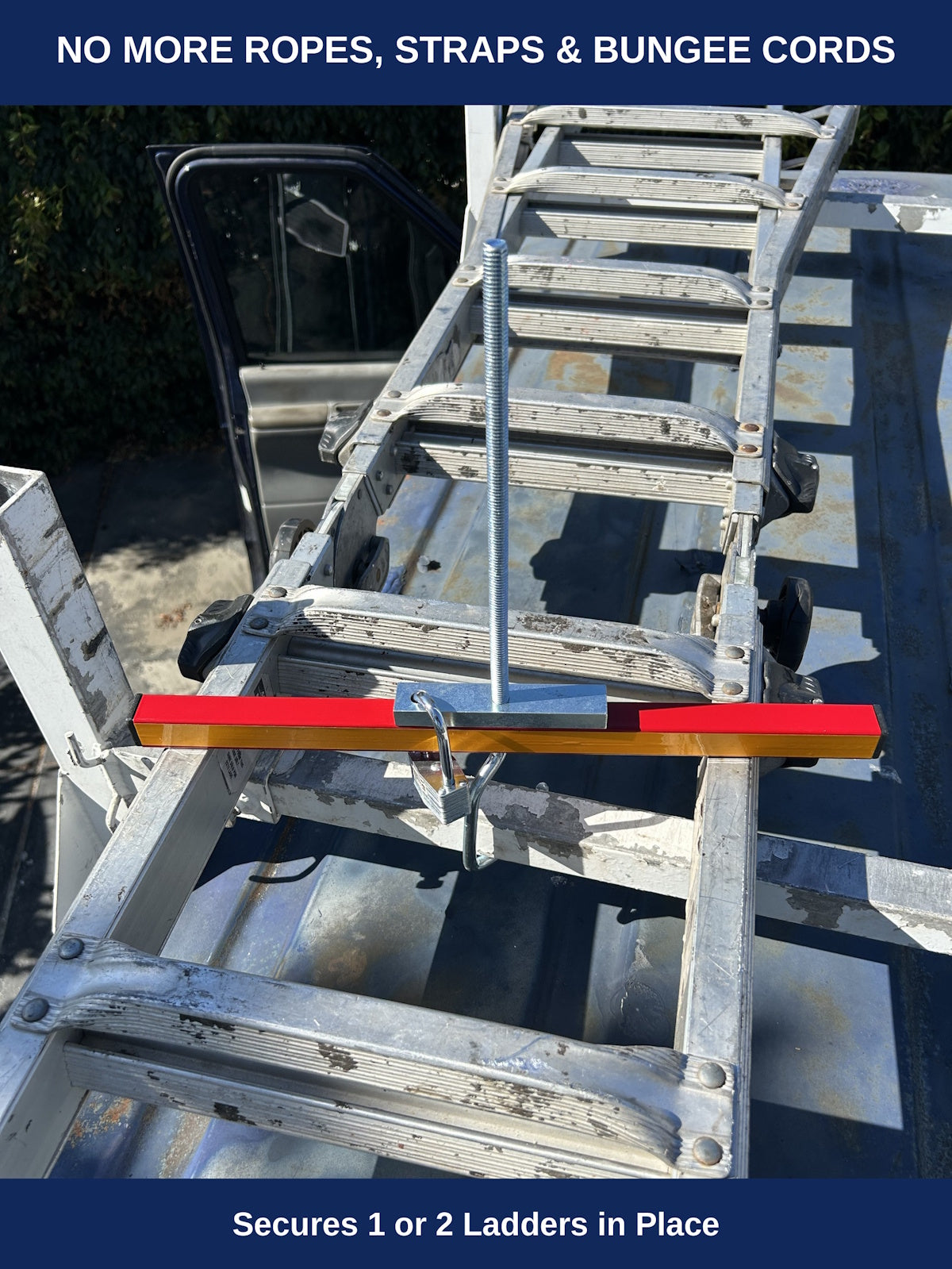 Ladder Lock Securing Two Ladders on Truck Rack