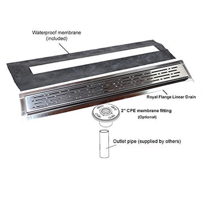 SereneDrains 60 Inch Linear Shower Drain Kit with 2 Inch Drain Flange, Hair Trap | 6 Grate Designs