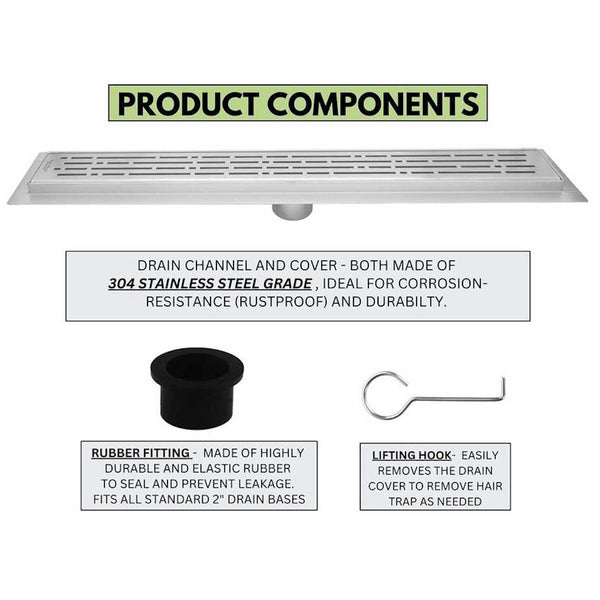 SereneDrains 24 Inch Linear Shower Drain Kit with 2 Inch Drain Flange, Hair Trap | 6 Grate Designs