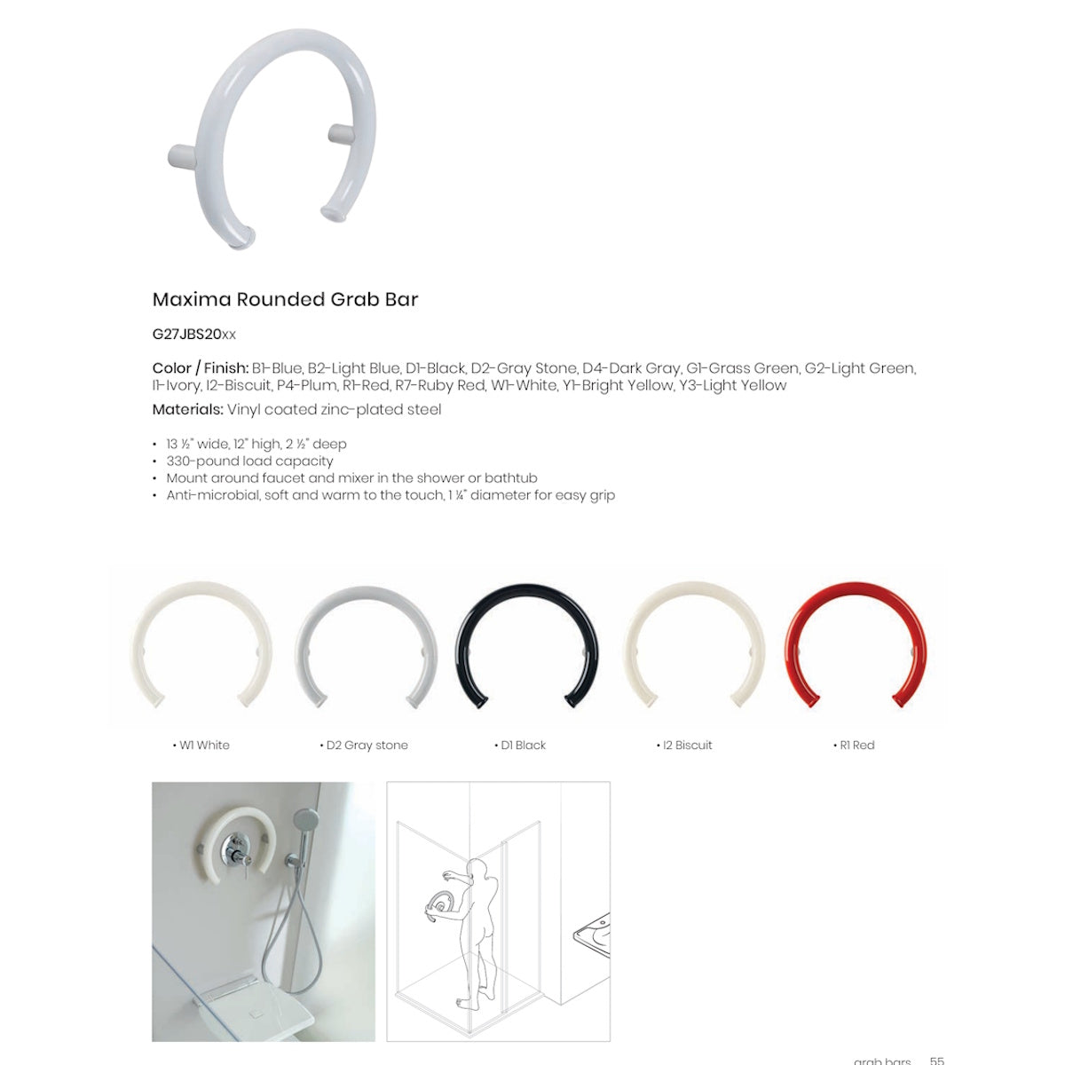 Round Curved Shower Grab Rails, Ponte Giulio Maxima Round Grab Bars in White