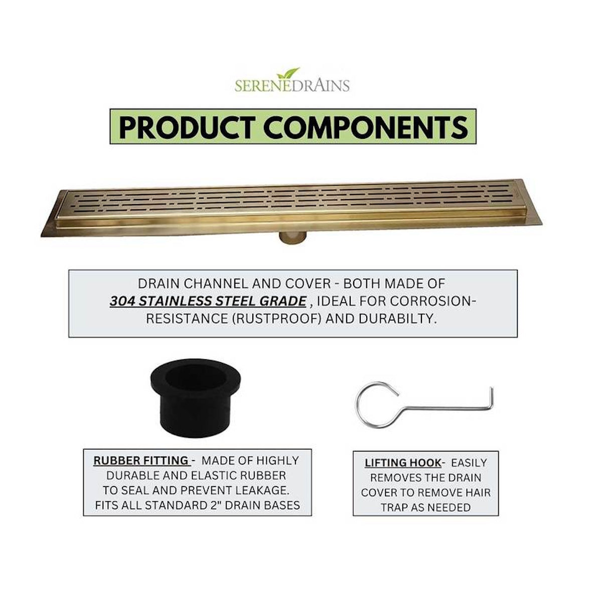 Gold Linear Shower Drain, Designer Linear Drain in Broken Lane Design