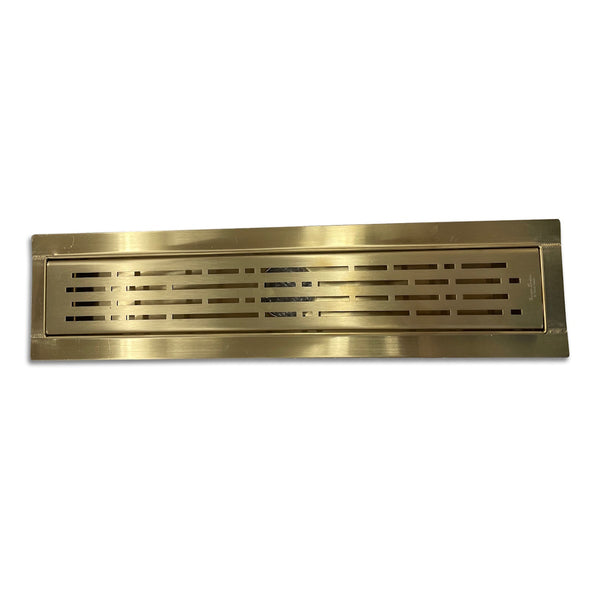 Gold Linear Shower Drain, Designer Linear Drain in Broken Lane Design