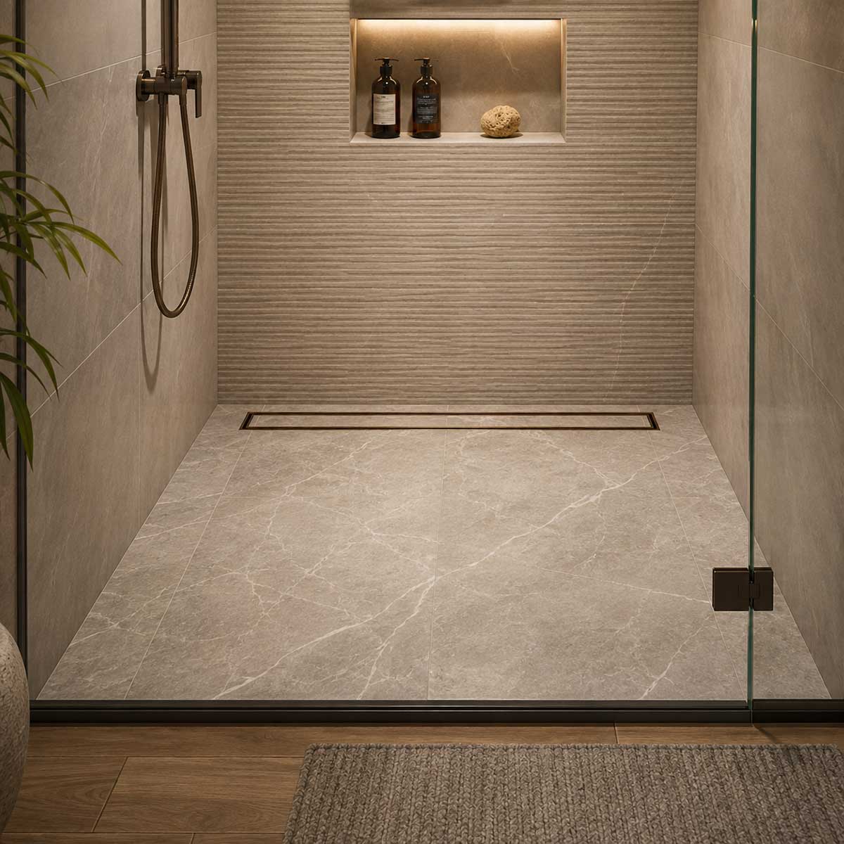 Oil Rubbed Bronze tile insert linear drain installed in curbless walk-in shower