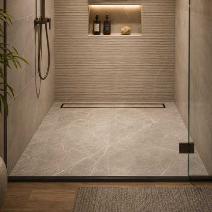 Oil Rubbed Bronze tile insert linear drain installed in curbless walk-in shower