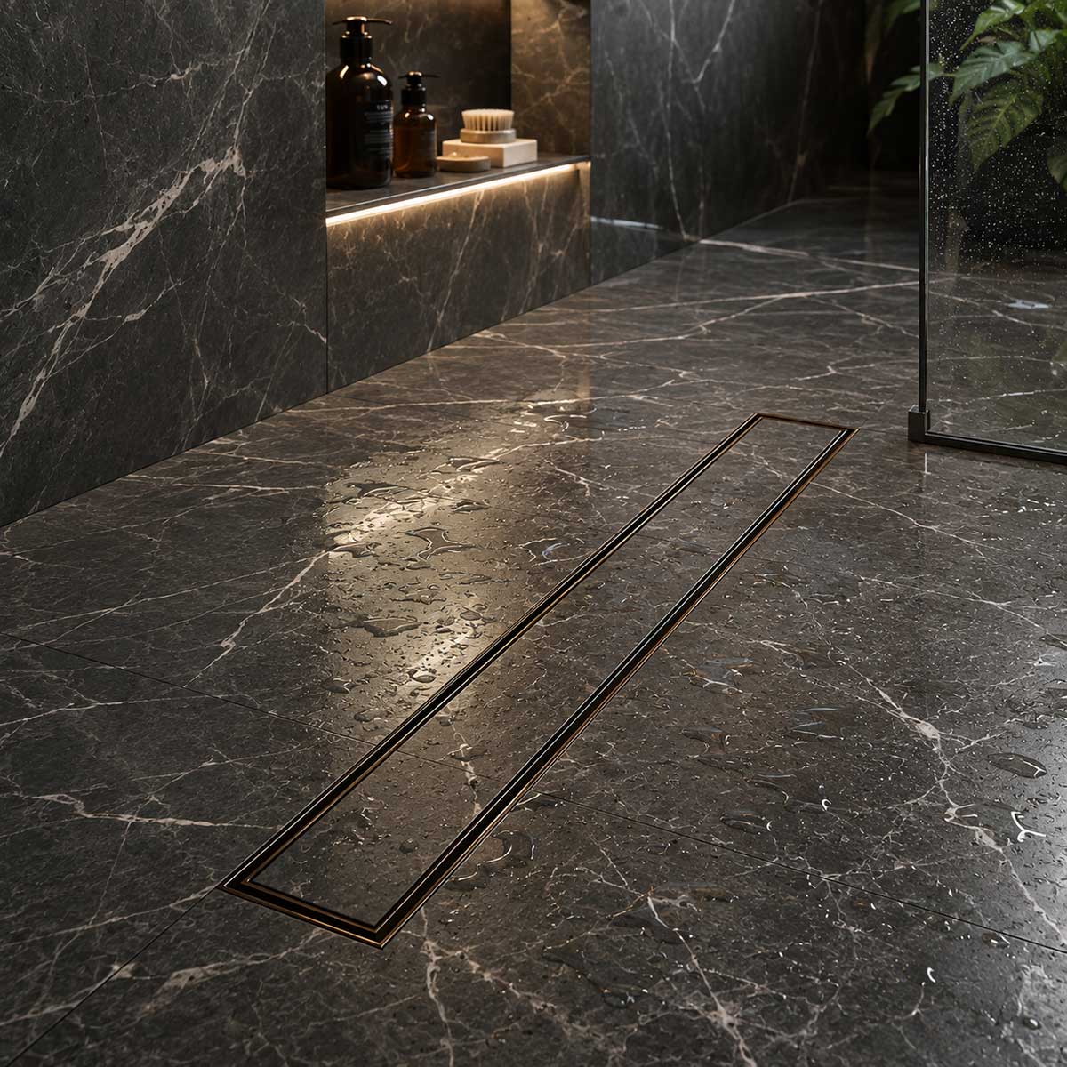 Oil Rubbed Bronze tile insert linear drain installed in curbless walk-in shower