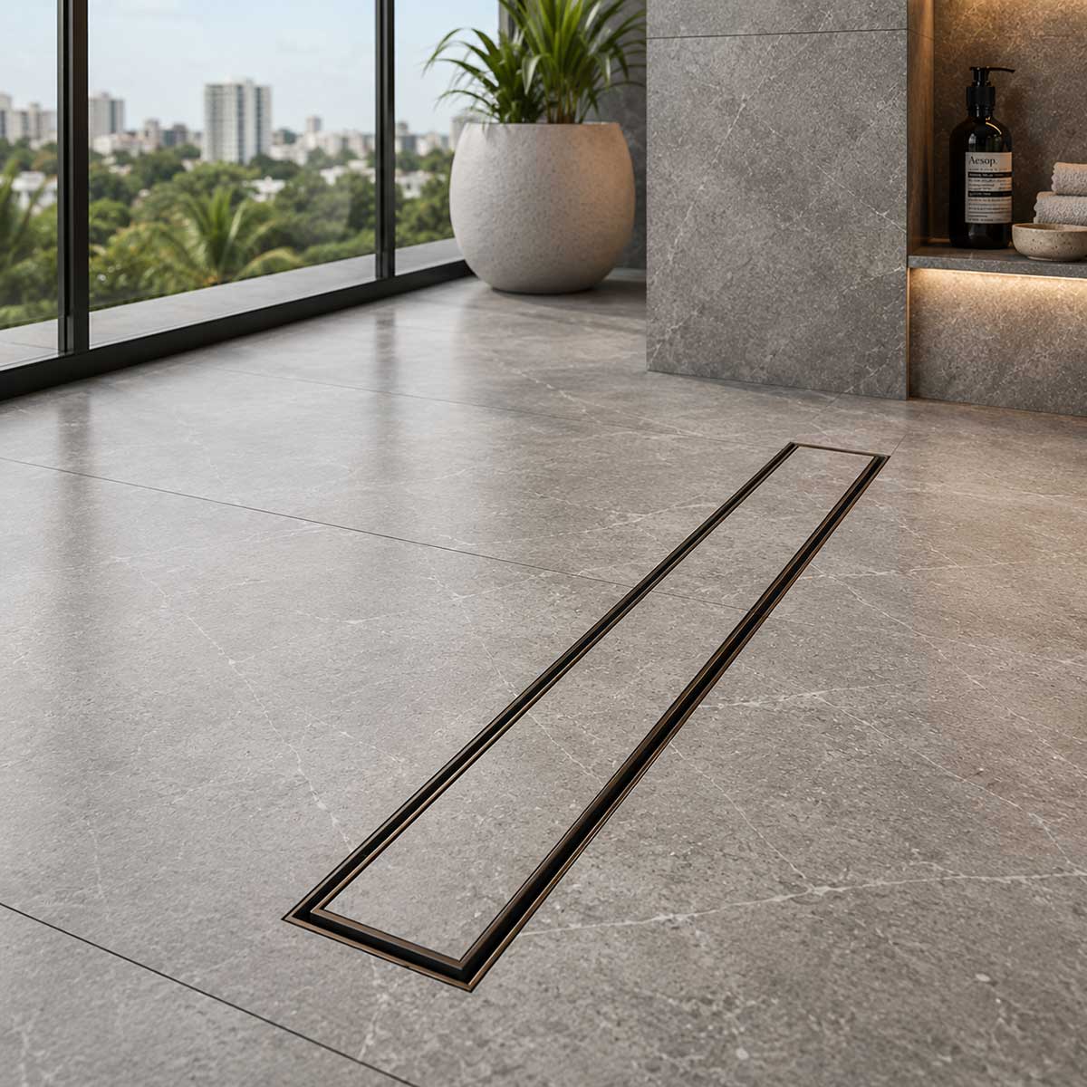 Oil Rubbed Bronze tile insert linear drain installed in curbless walk-in shower
