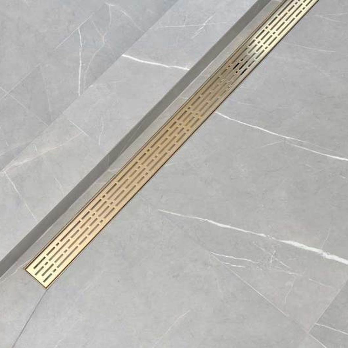 Gold Linear Shower Drain, Designer Linear Drain in Broken Lane Design