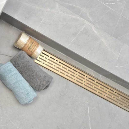 Gold Linear Shower Drain, Designer Linear Drain in Broken Lane Design