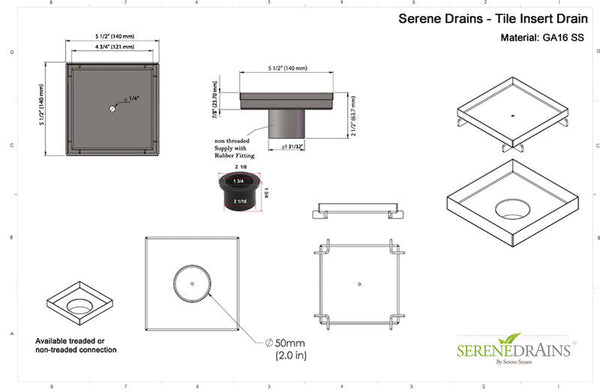 5 Inch Brushed Square Tile in Drain with Hair Trap and Drain Flange Kit