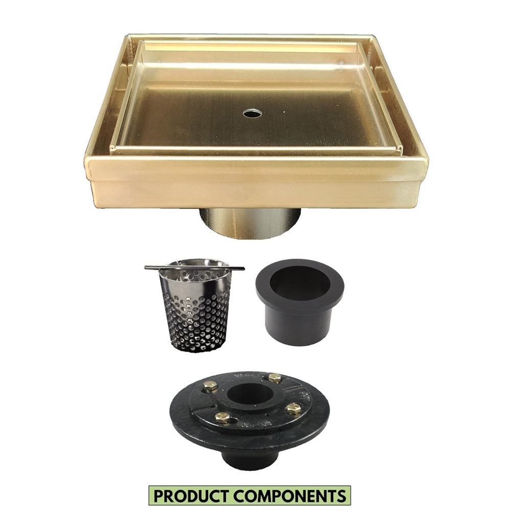 5 Inch Gold Tile Insert Shower Drain with Hair Trap and Drain Flange Kit
