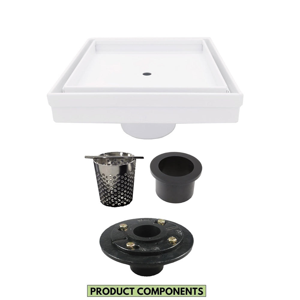 5 Inch White Tile-in Shower Drain with Hair Trap and Base Flange Kit