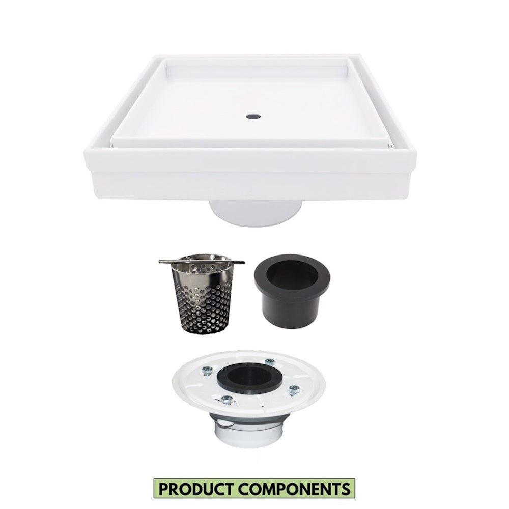 5 Inch White Tile-in Shower Drain with Hair Trap and Base Flange Kit